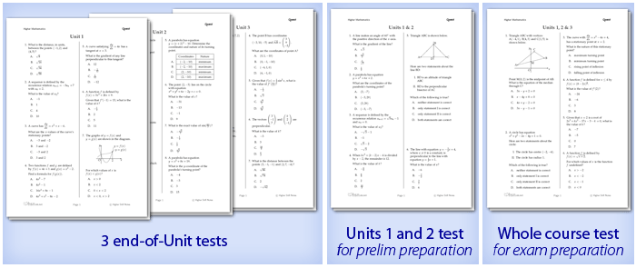 -*- 3 end-of-unit tests -*- Units 1 and 2 test, for prelim preparation -*- Whole course test, for exam preparation